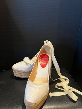Christian Louboutin Cream Canvas Espadrille Wedge with Ankle Tie